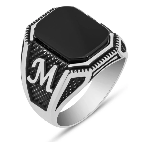 Harfli Oniks Taşlı 925 Gümüş Erkek Yüzük - 2