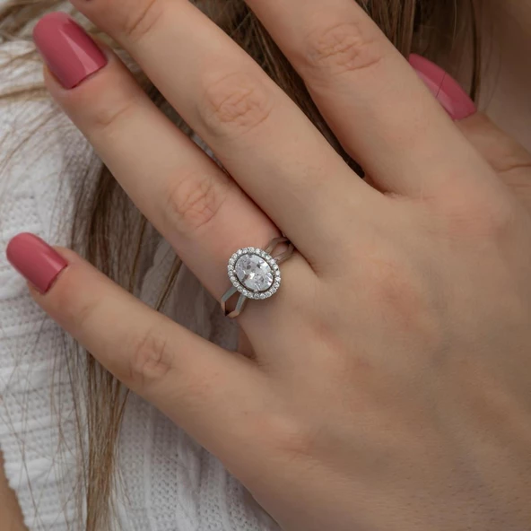 Oval Yeni Tasarım Gümüş Tektaş Yüzük - Resim 7