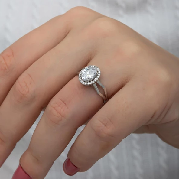 Oval Yeni Tasarım Gümüş Tektaş Yüzük - Resim 2