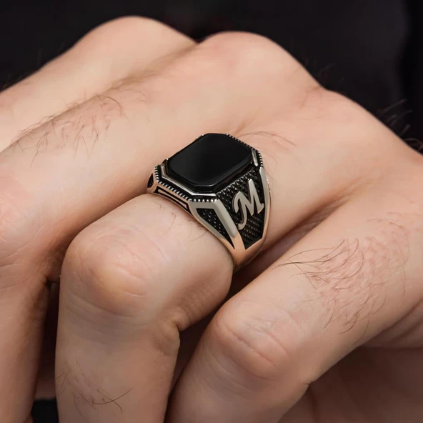 Harfli Oniks Taşlı 925 Gümüş Erkek Yüzük - 7