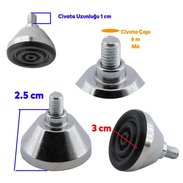 Beyaz Eşya Raf Mobilya Bingo Rotil Ayakları M6 Civatalı 6 Mm Metal Profil Ayağı 2.5 Cm (4 ADET) - 2