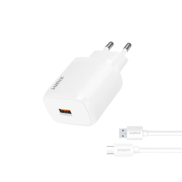 Sunix Qualcomm 3.0 USB-A Girişli  Hızlı Type-C Şarj Aleti Seti Beyaz S-30