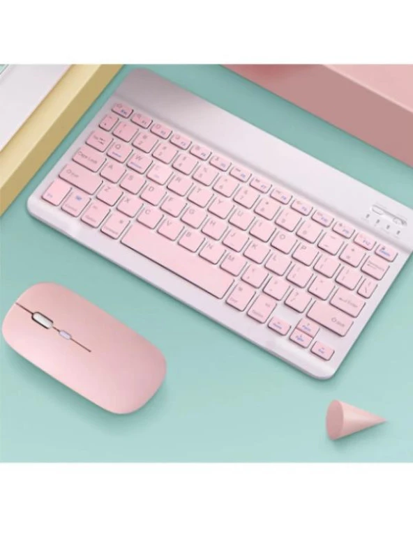 Wenn Tab 8" Uyumlu Kablosuz Bluetooth Şarj Edilebilir Mini Q Klavye Mouse Seti - Pembe - 3
