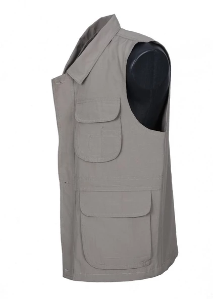 Yakalı Ve Torba Cepli Yazlık Kumaş Yelek Krem Renk - 11