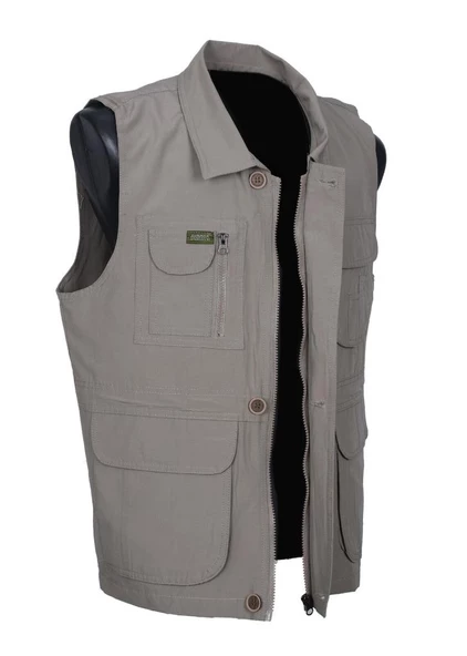 Yakalı Ve Torba Cepli Yazlık Kumaş Yelek Krem Renk - 6