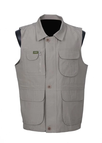 Yakalı Ve Torba Cepli Yazlık Kumaş Yelek Krem Renk - 5