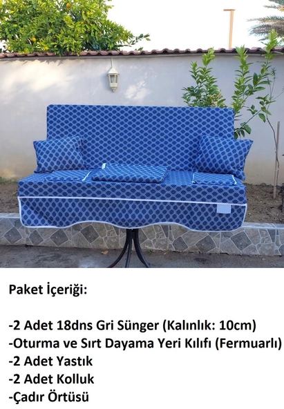 Mandaş Süngerli 2 Kişilik Salıncak Minder Seti (Pamuklu Kumaş)-Lacivert - 3