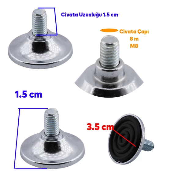 Beyaz Eşya Raf Mobilya Bingo Rotil Ayakları M8 Civatalı 8 Mm Metal Profil Ayağı 1.5 Cm (4 ADET) - Resim 2