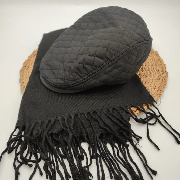 Kare Desenli Siyah Renk Kasket ve Atkı İkili Takım - 11