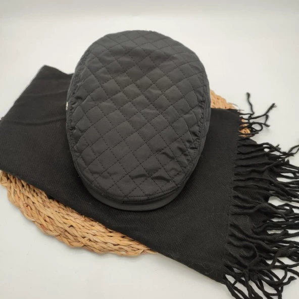 Kare Desenli Siyah Renk Kasket ve Atkı İkili Takım - 3