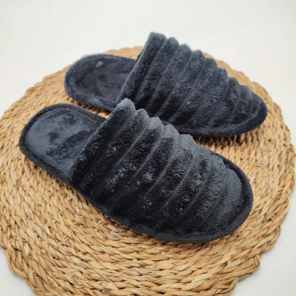 Çizgili Model Pofuduk Kadın Terlik Siyah Renk - 6