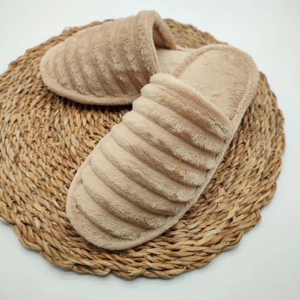 Çizgili Model Pofuduk Kadın Terlik Kahve Renk - 7