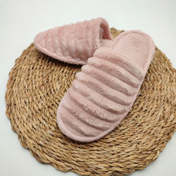 Çizgili Model Pofuduk Kadın Terlik Pudra Renk - 8