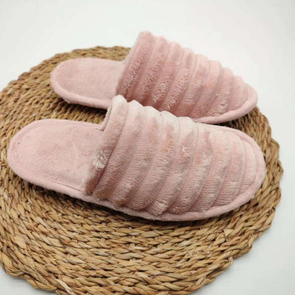 Çizgili Model Pofuduk Kadın Terlik Pudra Renk - 2