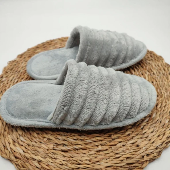 Çizgili Model Pofuduk Kadın Terlik Gri Renk - 2