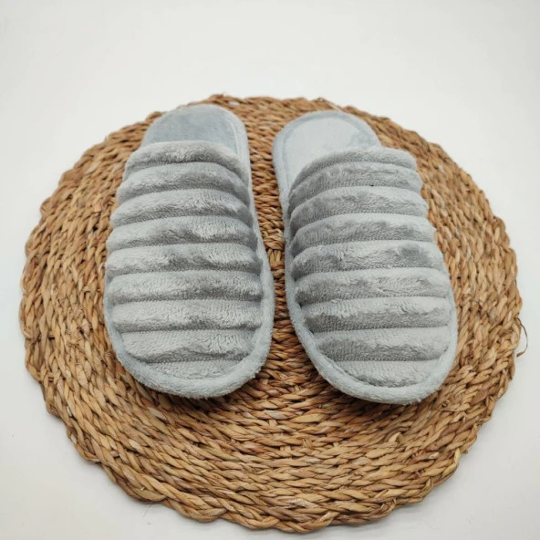 Çizgili Model Pofuduk Kadın Terlik Gri Renk - 4