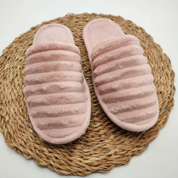 Çizgili Model Pofuduk Kadın Terlik Pudra Renk - 7