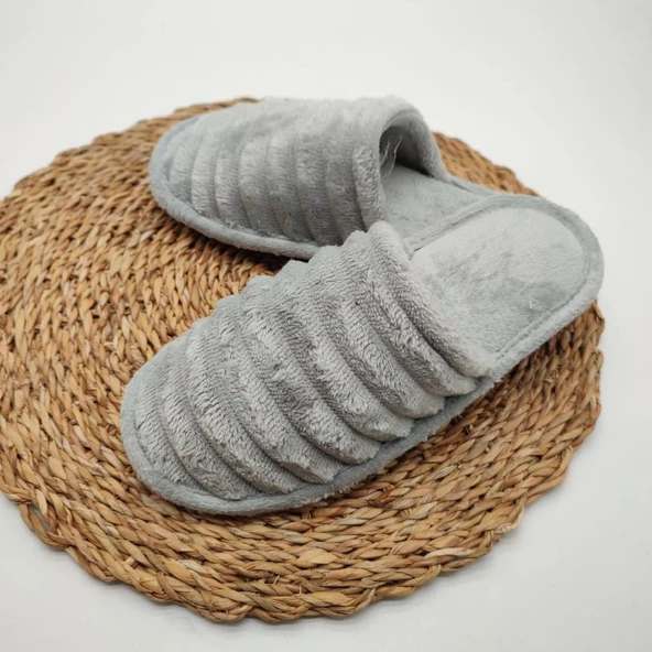 Çizgili Model Pofuduk Kadın Terlik Gri Renk - 11