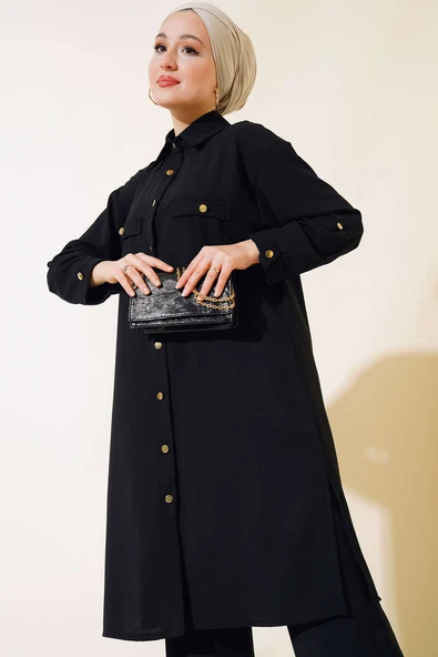 Gold Düğmeli Krep İkili Takım Siyah - Resim 2