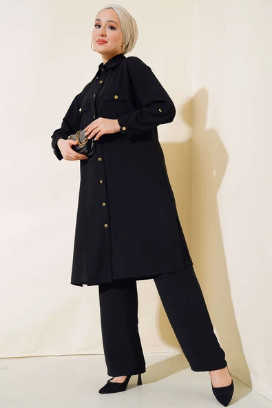 Gold Düğmeli Krep İkili Takım Siyah ürün görseli 1