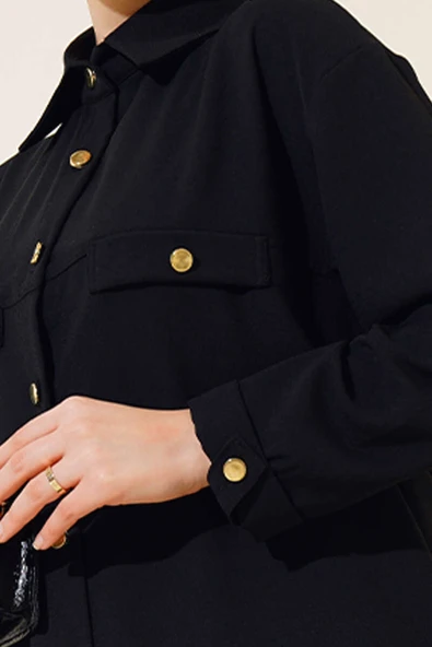 Gold Düğmeli Krep İkili Takım Siyah - Resim 4