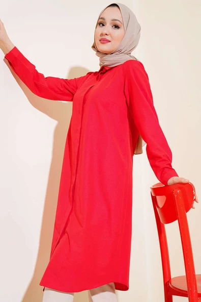 Uzun Model Klasik Yaka Tunik Kırmızı