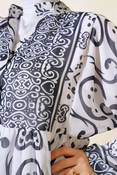 Yarıdan Düğmeli Şifon Elbise Beyaz - Resim 4