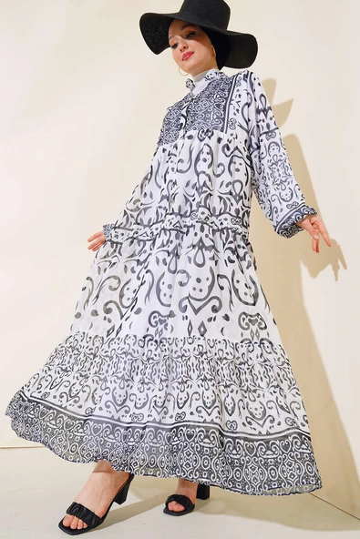 Yarıdan Düğmeli Şifon Elbise Beyaz ürün görseli 1