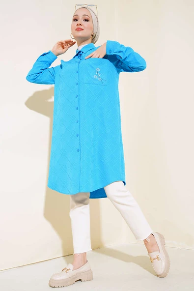 Cebi Çiçek Taşlı Tunik Mavi - Resim 2