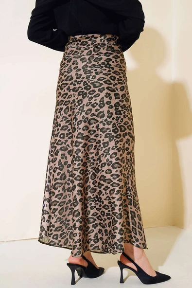 Bel Lastikli Leopar Desenli Saten Etek Vizon - Resim 3