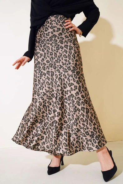 Bel Lastikli Leopar Desenli Saten Etek Vizon - Resim 2
