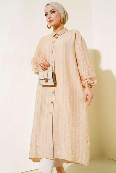 Boydan Tahta Düğmeli Uzun Tunik Bej ürün görseli
