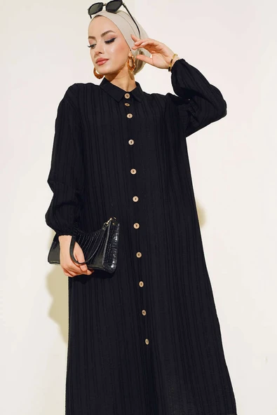 Boydan Tahta Düğmeli Uzun Tunik Siyah - Resim 2