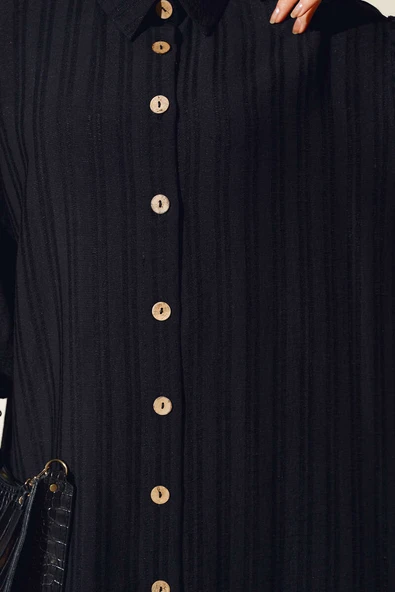 Boydan Tahta Düğmeli Uzun Tunik Siyah - Resim 4