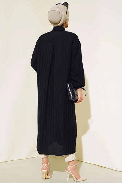 Boydan Tahta Düğmeli Uzun Tunik Siyah - Resim 3