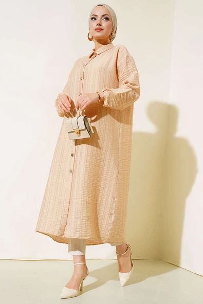 Boydan Tahta Düğmeli Uzun Tunik Bej - Resim 2