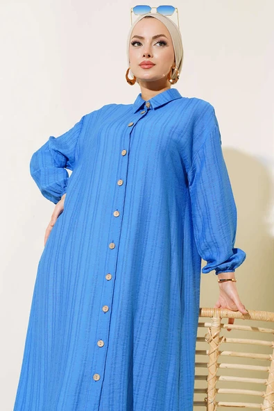 Boydan Tahta Düğmeli Uzun Tunik Mavi - Resim 2