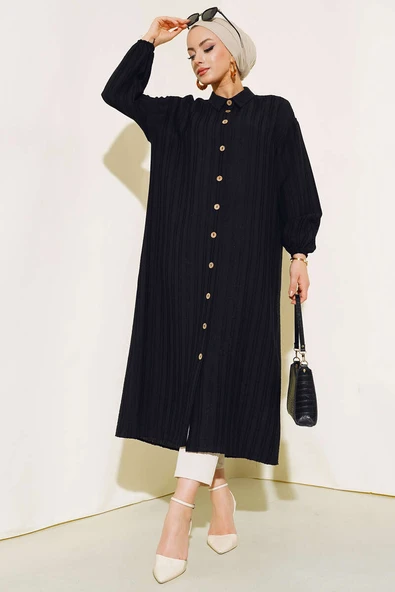 Boydan Tahta Düğmeli Uzun Tunik Siyah ürün görseli 1