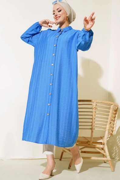 Boydan Tahta Düğmeli Uzun Tunik Mavi ürün görseli