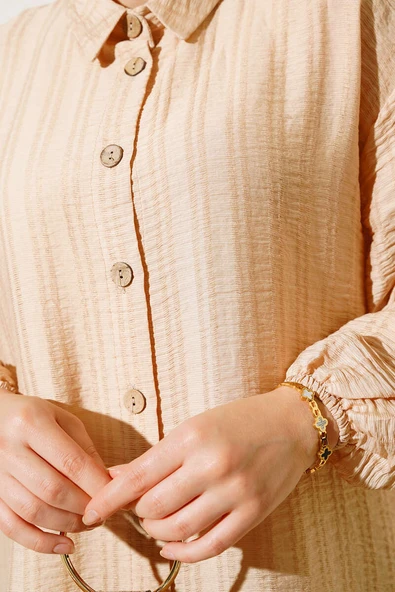 Boydan Tahta Düğmeli Uzun Tunik Bej - Resim 4