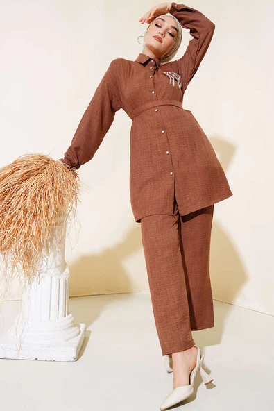 Cep Taş Detaylı Keten İkili Takım Kahve ürün görseli 1