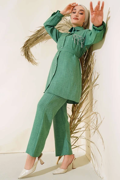 Cep Taş Detaylı Keten İkili Takım Yeşil ürün görseli 1