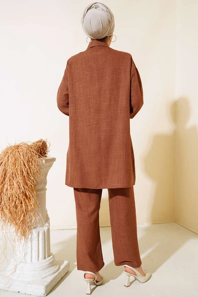 Cep Taş Detaylı Keten İkili Takım Kahve - Resim 3