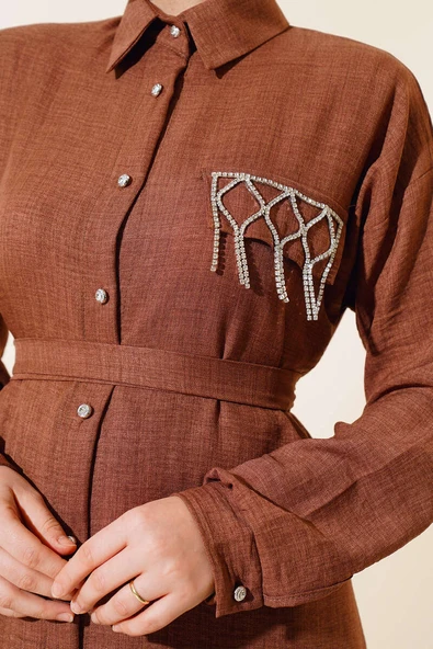 Cep Taş Detaylı Keten İkili Takım Kahve - Resim 4