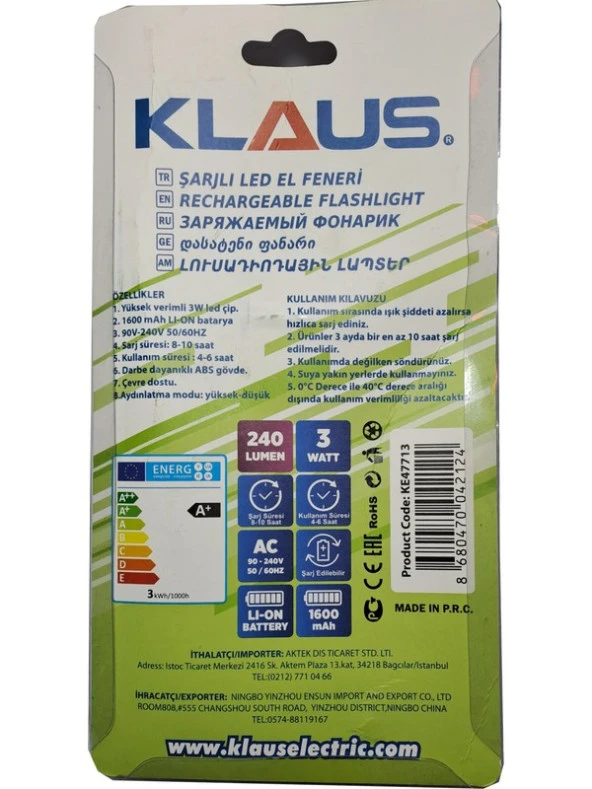 Klaus Şarjlı LED El Feneri KE47713 - 3