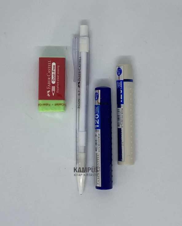 Faber Castell Econ 0.7 Beyaz Kalem + 2 Adet 120'li Uç + Dust Free Silgi Seti