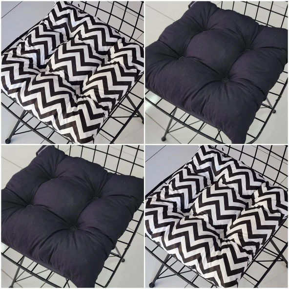 4'lü Takım Pofidik Kare Sandalye Minderi 40x40cm Siyah Zigzag Siyah