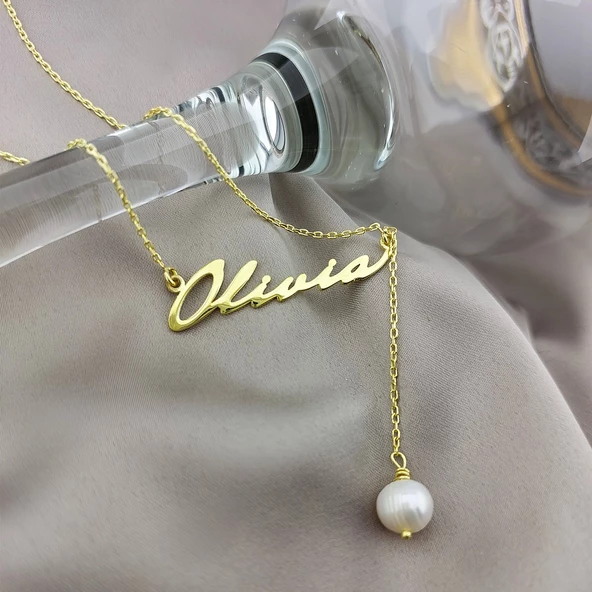 Vaoov 925 Ayar Gümüş İnci Sallantılı İsim Kolye - Resim 5