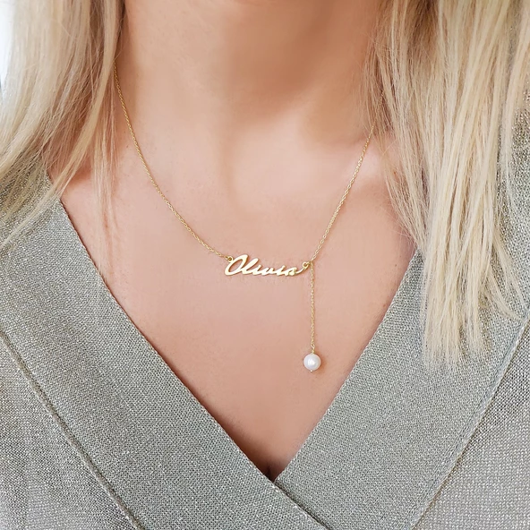 Vaoov 925 Ayar Gümüş İnci Sallantılı İsim Kolye - Resim 4