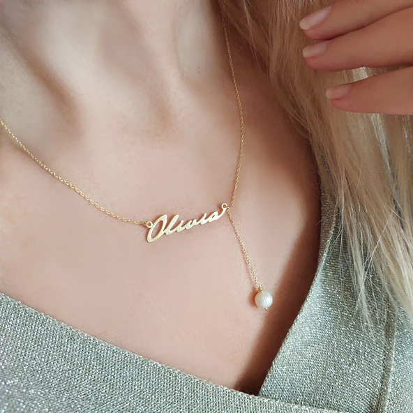Vaoov 925 Ayar Gümüş İnci Sallantılı İsim Kolye - Resim 6
